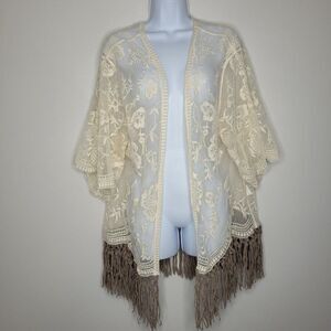 Origami cream tan lace short sleeve open front fringe boho kimono one size